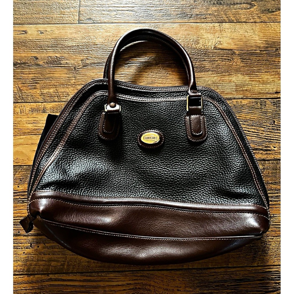 CARRYLAND Black/Brown Pebbled Top Handle Satchel Bag Zip, Gold, Lined Pockets